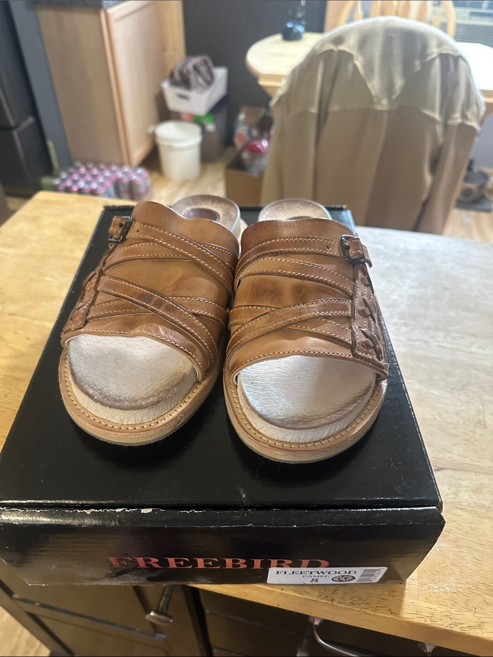 freebird Men’s Tan Leather Slide Sandals with Adjustable Buckles